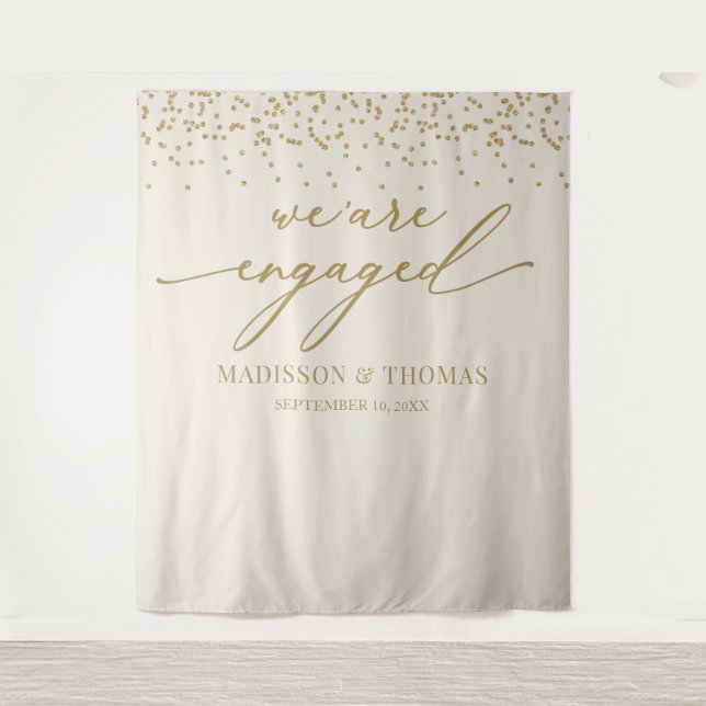 We are Engaged cream glitter gold backdrop Tapestry (Front)