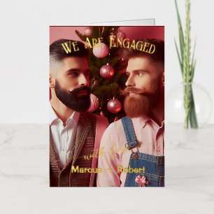We are Engaged Gay Retro Pink Custom Photo Foil Holiday Card