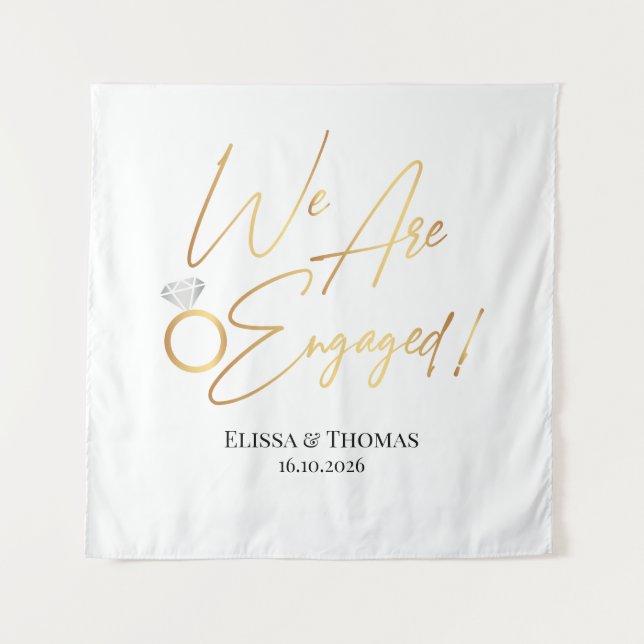 We Are Engaged! Gold Backdrop Tapestry (Front)