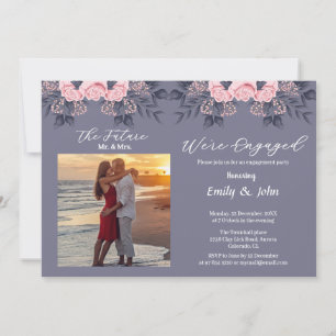 we are engaged pink floral with photo invitation