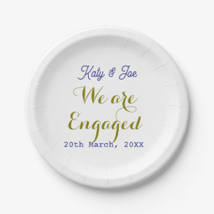 We are Engaged purple gold name date elegant simpl Paper Plate