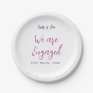 We are Engaged purple pink name date elegant simpl Paper Plate