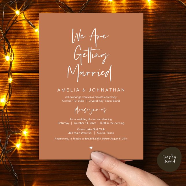 We are getting married, Elopement Dinner Dancing Invitation (We are getting married, Elopement Dinner Dancing Lunch Brunch Invitation Card, PDF, Copper Brown )