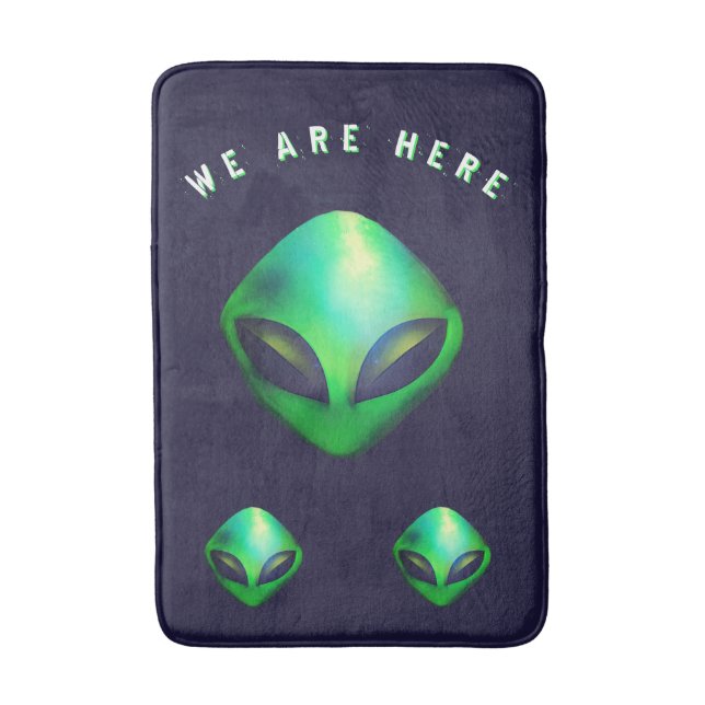 "We Are Here" Green Alien head Bath Mat (Front Vertical)