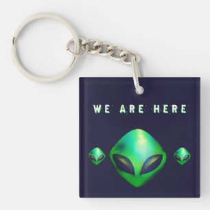 "We Are Here" Green Alien head Key Ring