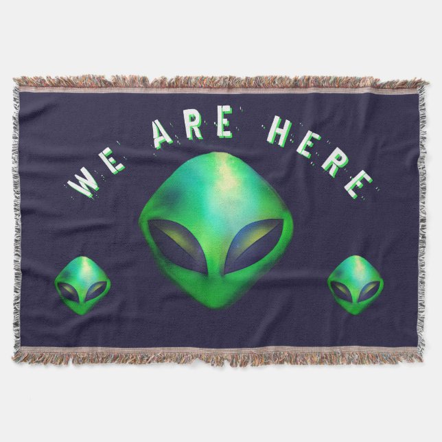 "We Are Here" Green Alien head Throw Blanket (Front)