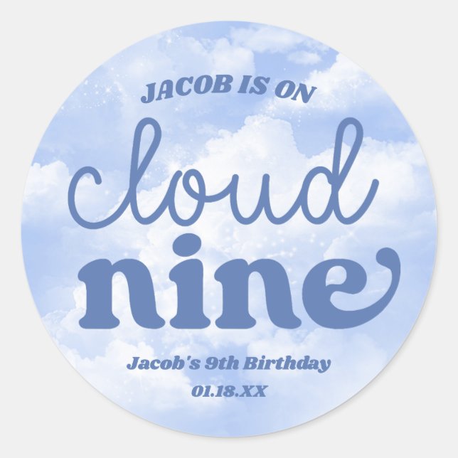 We Are On Cloud Nine Blue 9th Ninth Birthday Party Classic Round Sticker (Front)