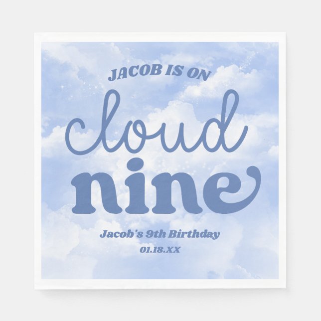 We Are On Cloud Nine Blue 9th Ninth Birthday Party Napkin (Front)