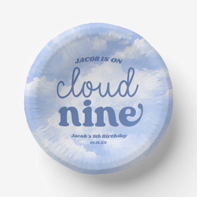 We Are On Cloud Nine Blue 9th Ninth Birthday Party Paper Plate (Front)