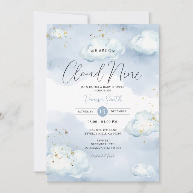 We Are On Cloud Nine Blue Baby Shower Gold Glitter Invitation (Front)