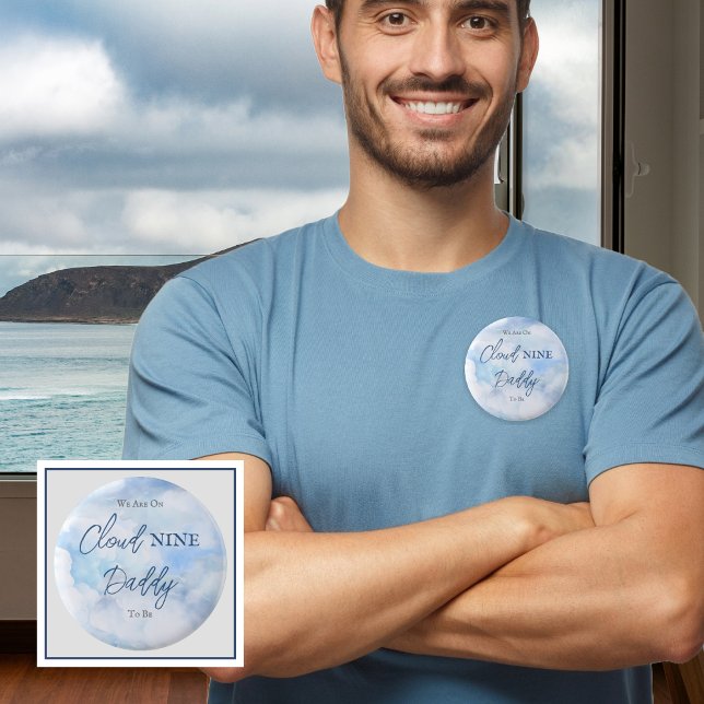We Are On Cloud Nine Blue Boy Baby Shower Daddy 6 Cm Round Badge ("We Are On Cloud Nine"  Blue Boy Baby Shower Daddy to Be Pinback Button)