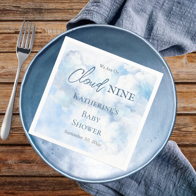 We Are On Cloud Nine Blue Boy Baby Shower Napkin ("We Are On Cloud Nine"  Blue Boy Baby Shower Paper Napkins)