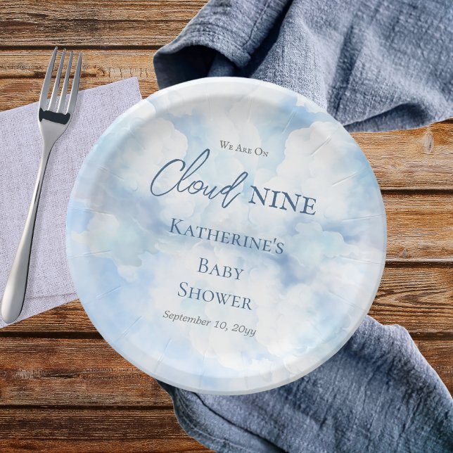 We Are On Cloud Nine Blue Boy Baby Shower Paper Plate ("We Are On Cloud Nine"  Blue Boy Baby Shower Paper Plates)