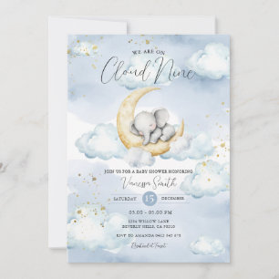 We Are On Cloud Nine Blue Elephant Baby Shower  Invitation