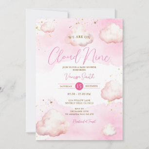 We Are On Cloud Nine Pink Baby Shower Gold Glitter Invitation