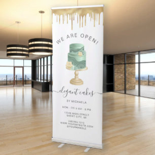 We Are Open Bakery Mint Green Gold Foil Cake Retractable Banner