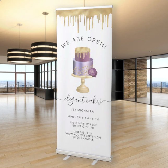 We Are Open Bakery Purple Gold Foil Cake Retractable Banner (Creator Uploaded)