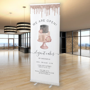 We Are Open Bakery Rose Gold Glitter Cake Retractable Banner