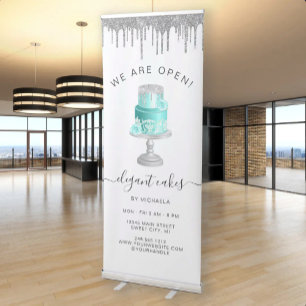 We Are Open Bakery Silver Glitter Turquoise Cake Retractable Banner