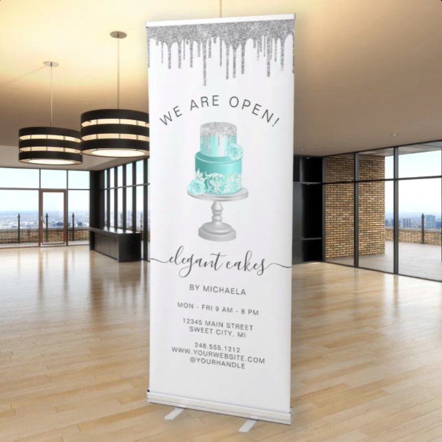 We Are Open Bakery Silver Glitter Turquoise Cake Retractable Banner (Creator Uploaded)