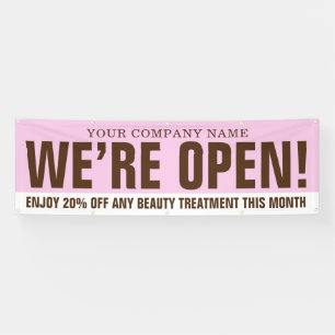 We are open beauty business pink brown white promo banner