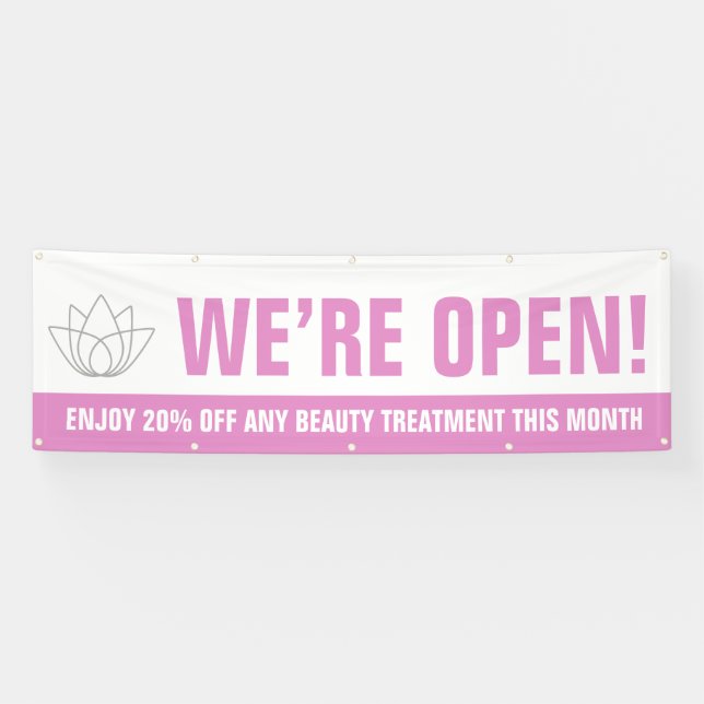 We are open beauty business pink white logo promo banner (Horizontal)