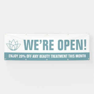 We are open beauty business teal white logo promo banner