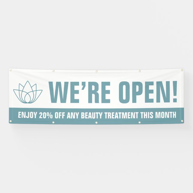 We are open beauty business teal white logo promo banner (Horizontal)
