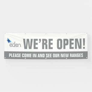 We are open business grey logo and message banner