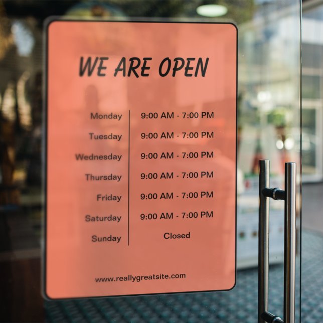 We are open Hours Business Time Black & Orange Window Cling (Creator Uploaded)