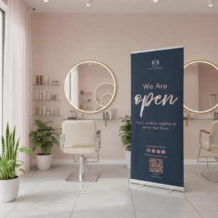 We Are Open   Navy Rose Gold Shop Grand Opening  Retractable Banner