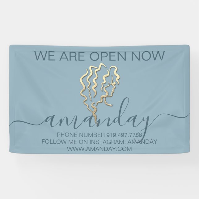 We Are Open Now Logo Smoky Blue Gold Hairdresser Banner (Horizontal)