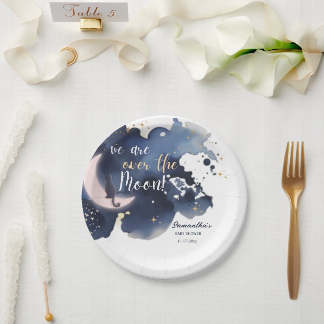 We are over the moon baby shower blue  paper plate (Wedding)
