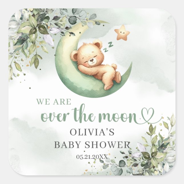 We are over the moon gender neutral teddy bear square sticker (Front)