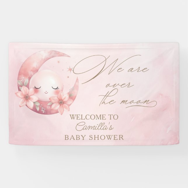 We Are Over The Moon Girl Baby Shower Banner (Horizontal)