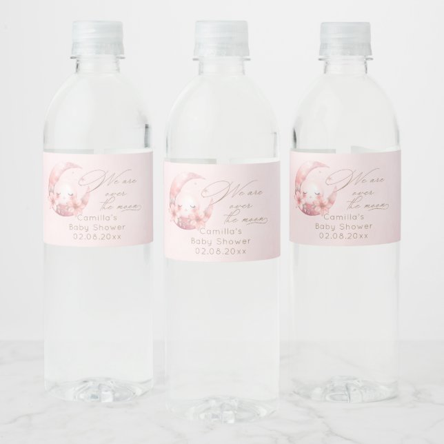 We Are Over The Moon Girl Baby Shower  Water Bottle Label (Bottles)