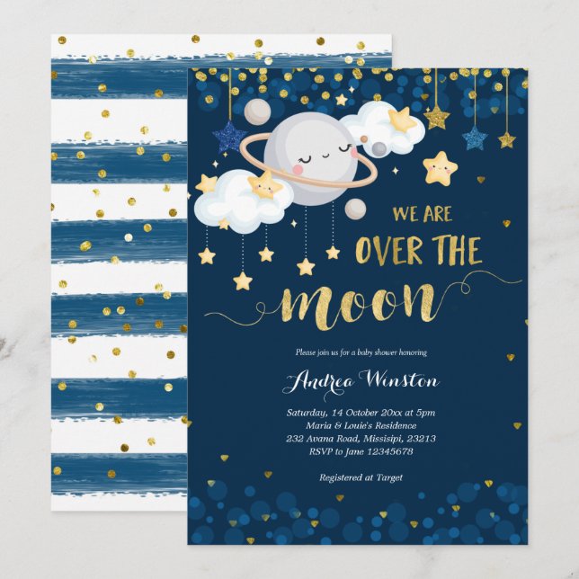 We are Over the Moon Navy Blue Baby Shower Invitation (Front/Back)
