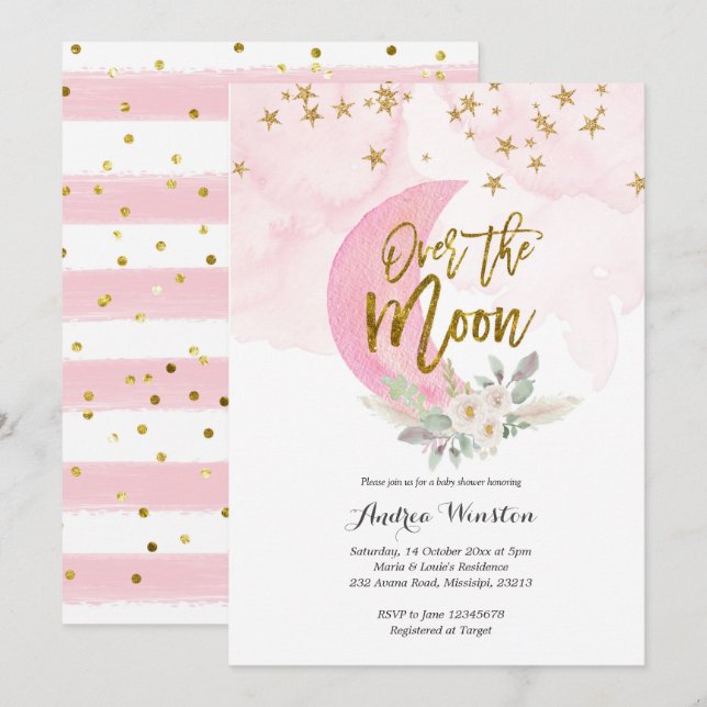 We are Over the Moon Pink Baby Shower Invitation (Front/Back)