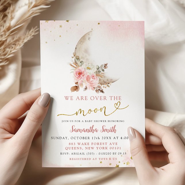 We Are Over The Moon Pink Boho Girl Baby Shower Invitation (Creator Uploaded)