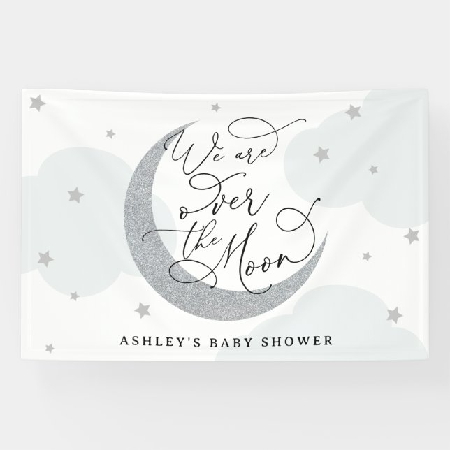 We Are Over the Moon Silver and Blue Baby Shower Banner (Horizontal)