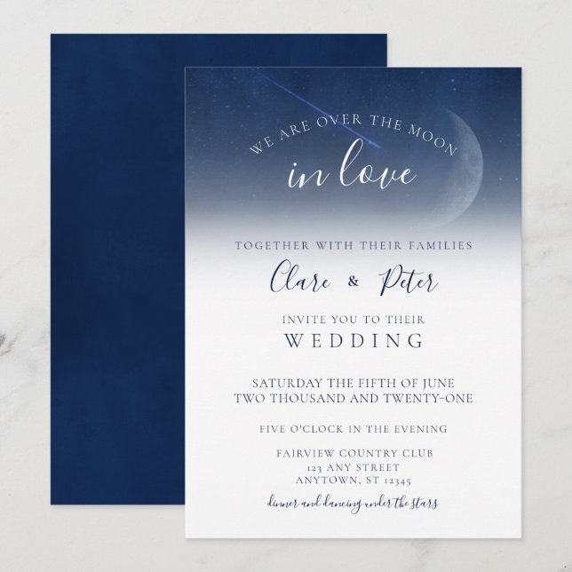 We are Over the Moon Starry Night Navy Wedding Invitation (Front/Back)