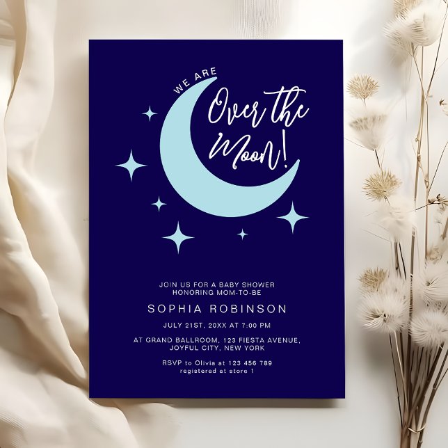 We Are Over the Moon Stars Dark Blue Baby Shower Invitation (Creator Uploaded)