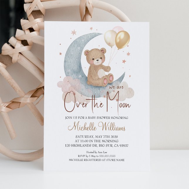 We Are Over The Moon Teddy Bear Stars Baby Shower Invitation (Creator Uploaded)