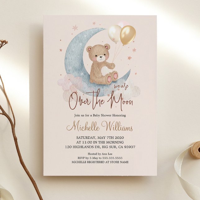 We Are Over The Moon Teddy Bear Stars Baby Shower Invitation (Creator Uploaded)