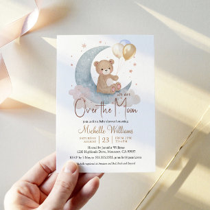 We Are Over The Moon Teddy Bear Stars Baby Shower Invitation