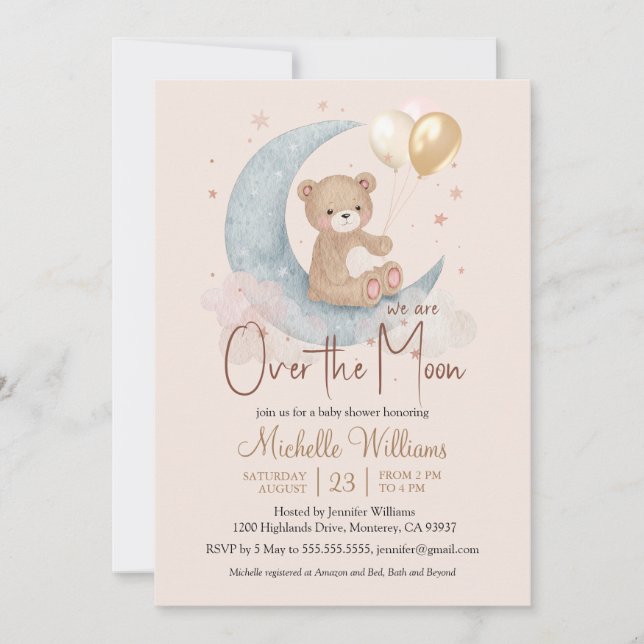 We Are Over The Moon Teddy Bear Stars Baby Shower Invitation (Front)