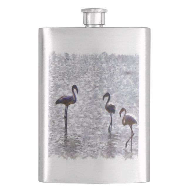 We Are The Three Flamingos Watercolor Hip Flask (Front)