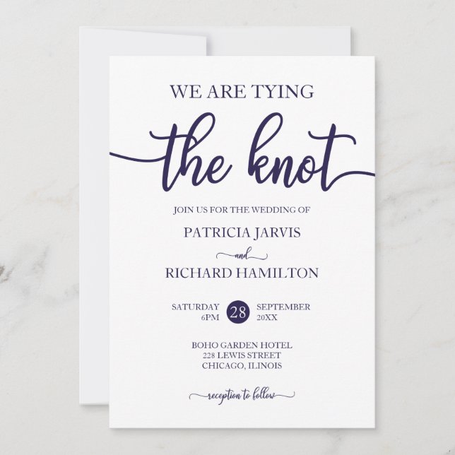 We Are Tying The Knot Chic Navy Blue White Wedding Invitation (Front)