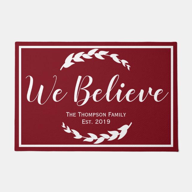 We Believe Christmas Laurels & Red | Family Name Doormat (Front)