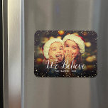 We Believe | Glitz Faux Glitter Photo Overlay Magnet<br><div class="desc">Custom printed holiday photo magnets with a simple template for customisation. This chic modern design has a faux glitter confetti border and stylish calligraphy text. The wording says "We Believe". Personalise it with your photos and add your family name and the year. Use the design tools to edit the text,...</div>